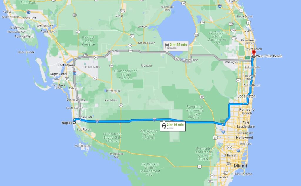 distance naples to west palm beach